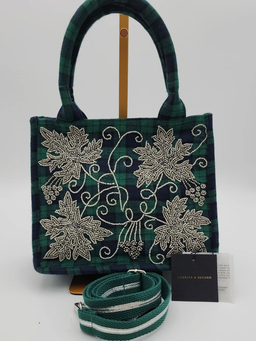 America & Beyond Green Plaid Beaded Tote